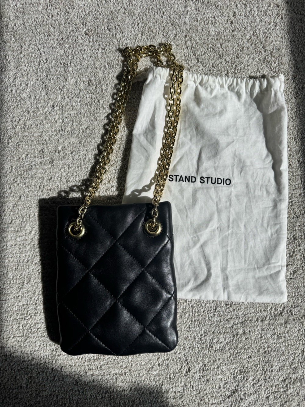 Stand Studio Black Quilted Leather Shoulder Bag with Gold Chain